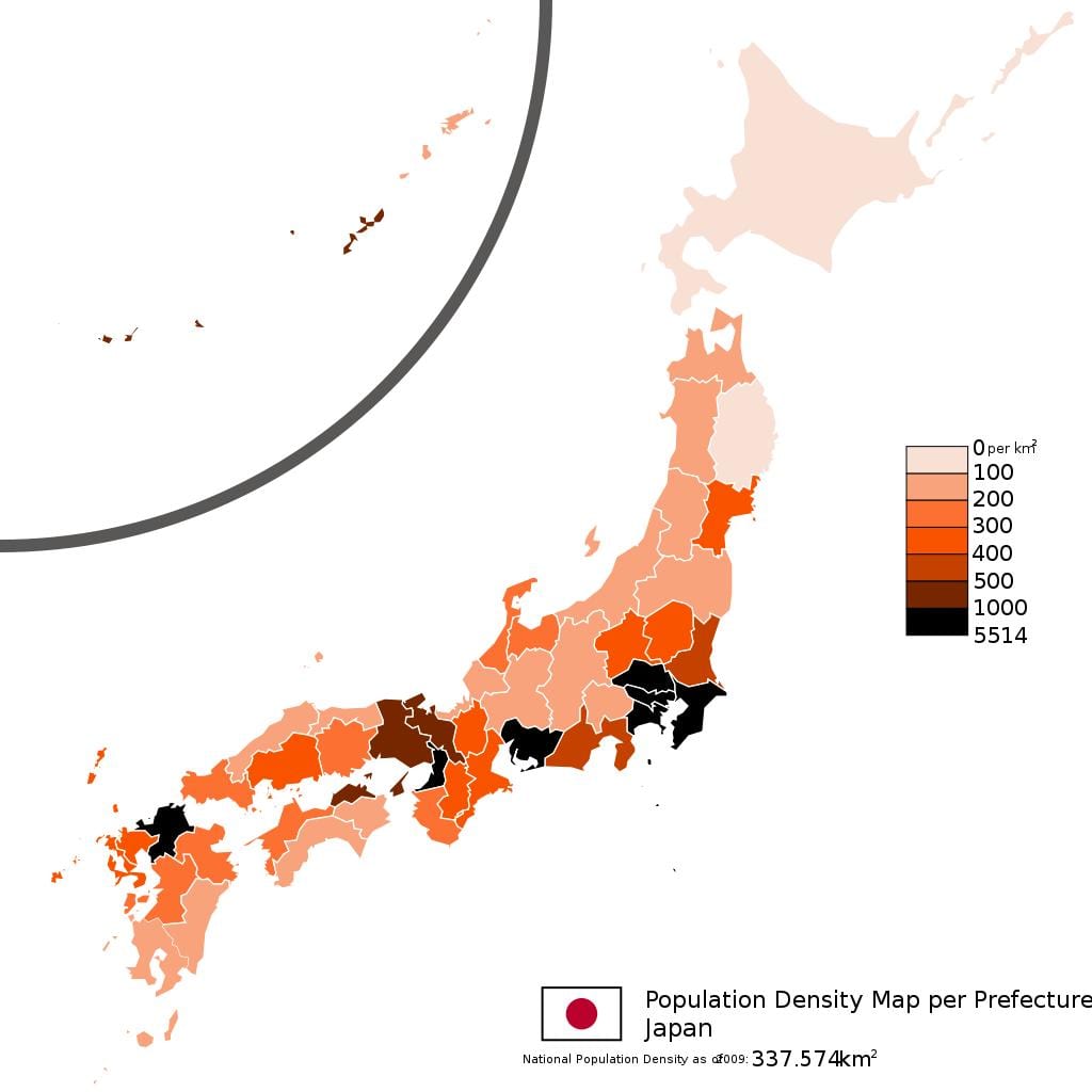 a densidade populacional do mapa do japão