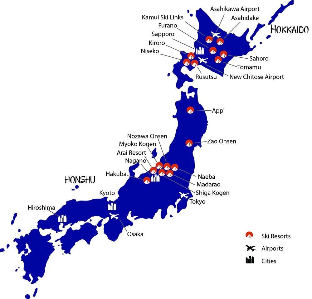 mapa do japão resorts de esqui.